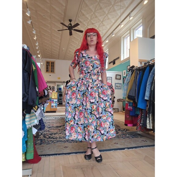 VTG 1980s RGY Black Colorful Cabbage Rose Basque Waist Princess Cotton Sundress - Picture 2 of 11